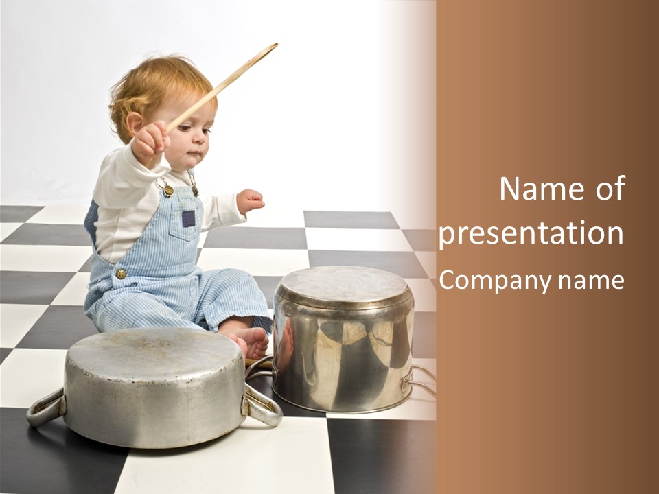 A Baby Playing With A Drum On A Checkered Floor PowerPoint Template