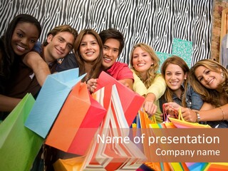 A Group Of People Holding Shopping Bags And Posing For A Picture PowerPoint Template