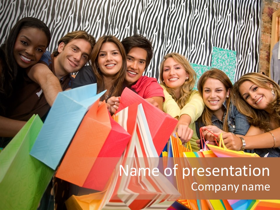 A Group Of People Holding Shopping Bags And Posing For A Picture PowerPoint Template