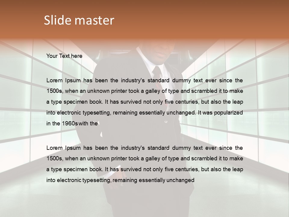 A Man In A Suit Is Standing In A Room PowerPoint Template