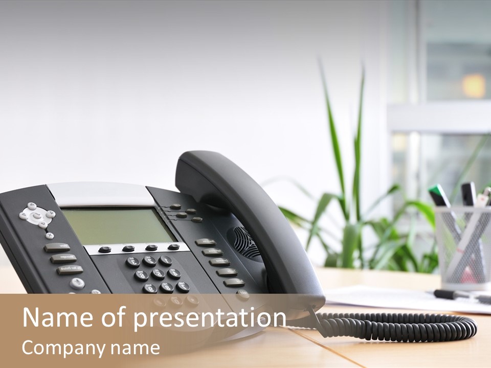 A Phone Sitting On Top Of A Wooden Desk PowerPoint Template