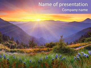 A Beautiful Sunset Over A Mountain Range With Wildflowers PowerPoint Template