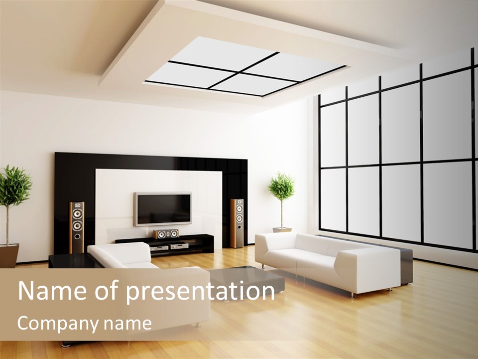 A Living Room With White Furniture And A Flat Screen Tv PowerPoint Template