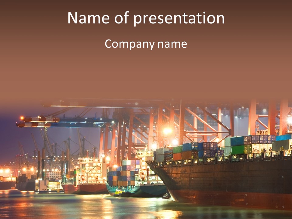 A Large Cargo Ship In A Harbor At Night PowerPoint Template