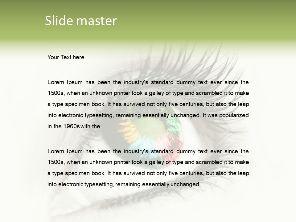 A Close Up Of A Person's Eye With A Rainbow Colored Iris PowerPoint Template