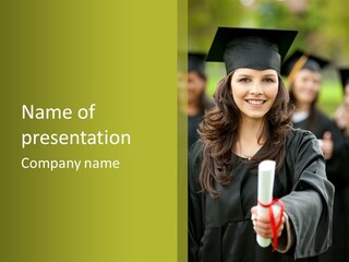 A Woman In A Graduation Cap And Gown Holding A Diploma PowerPoint Template