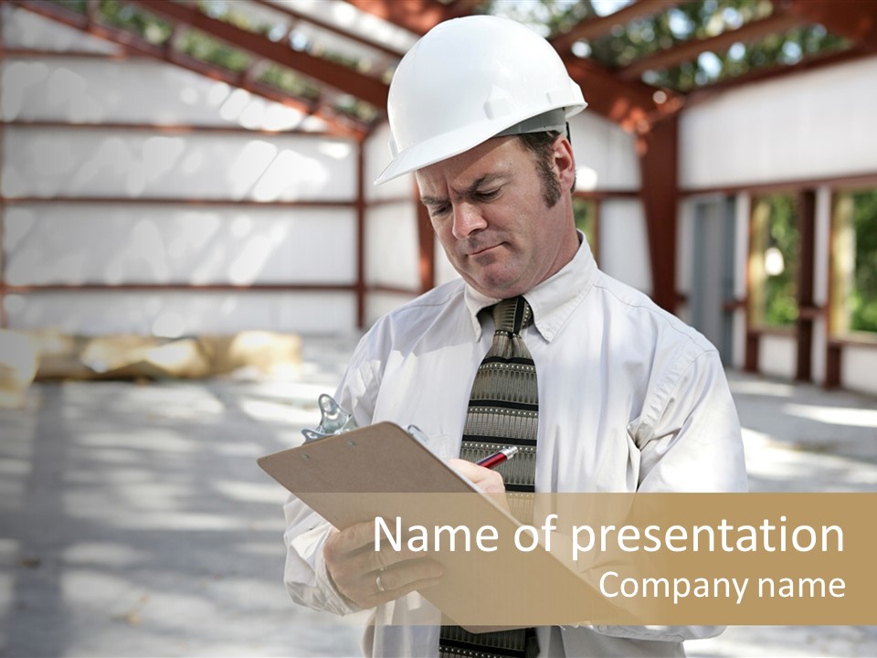 A Man In A Hard Hat Writing On A Clipboard PowerPoint Template