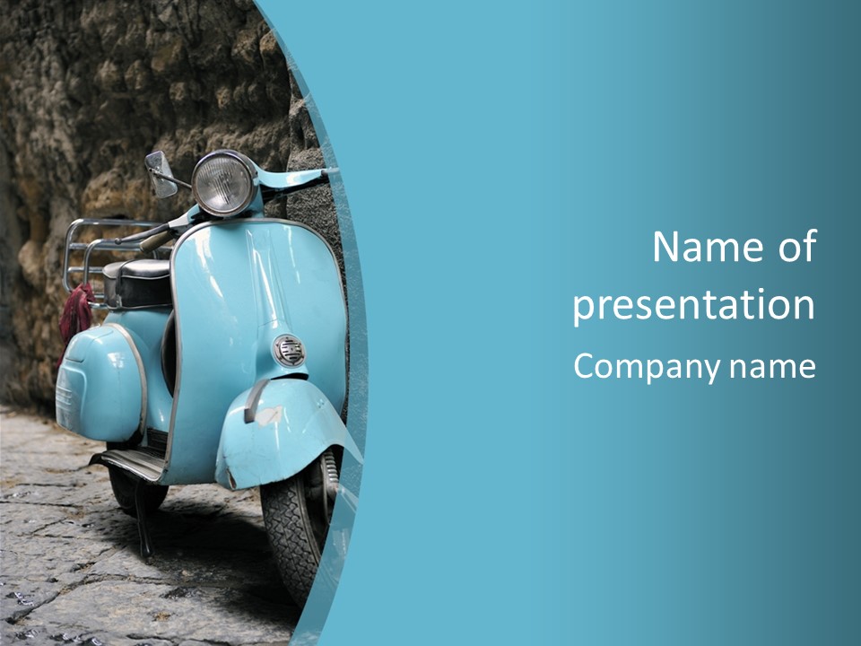 A Blue Motor Scooter Parked In Front Of A Stone Wall PowerPoint Template