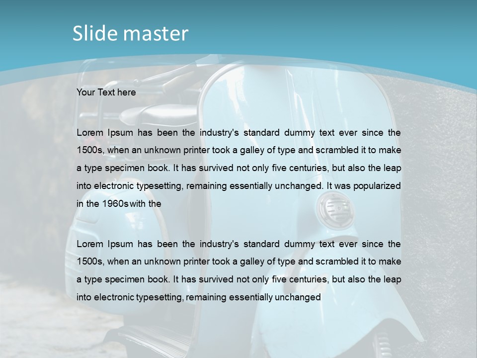 A Blue Motor Scooter Parked In Front Of A Stone Wall PowerPoint Template