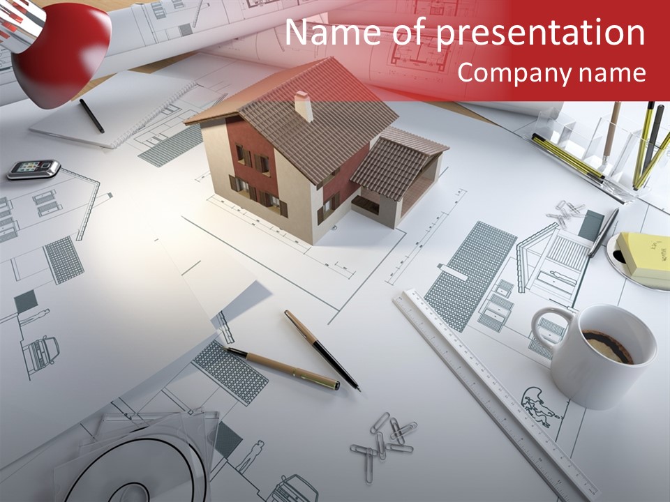 A House On Top Of A Blueprint With Pencils And A Cup Of Coffee PowerPoint Template