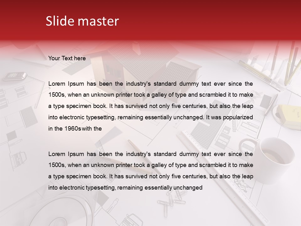 A House On Top Of A Blueprint With Pencils And A Cup Of Coffee PowerPoint Template