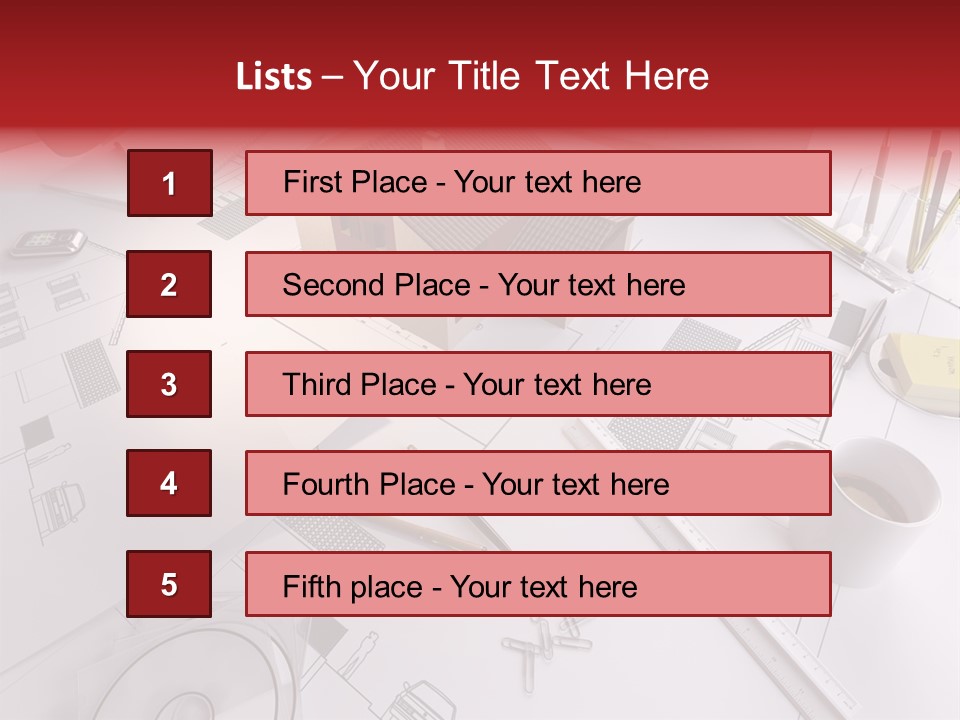 A House On Top Of A Blueprint With Pencils And A Cup Of Coffee PowerPoint Template