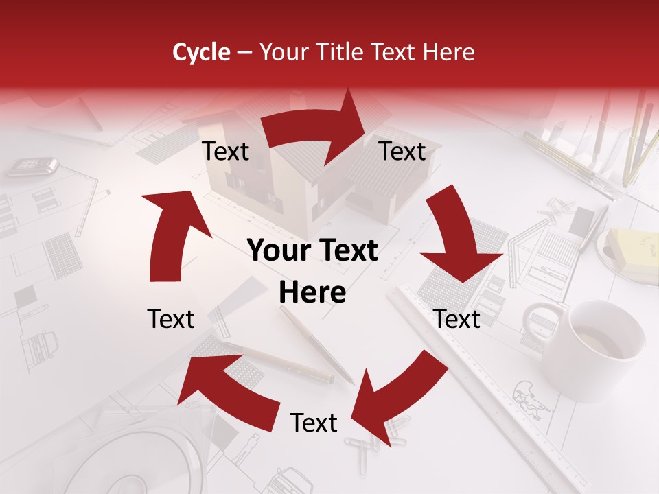 A House On Top Of A Blueprint With Pencils And A Cup Of Coffee PowerPoint Template