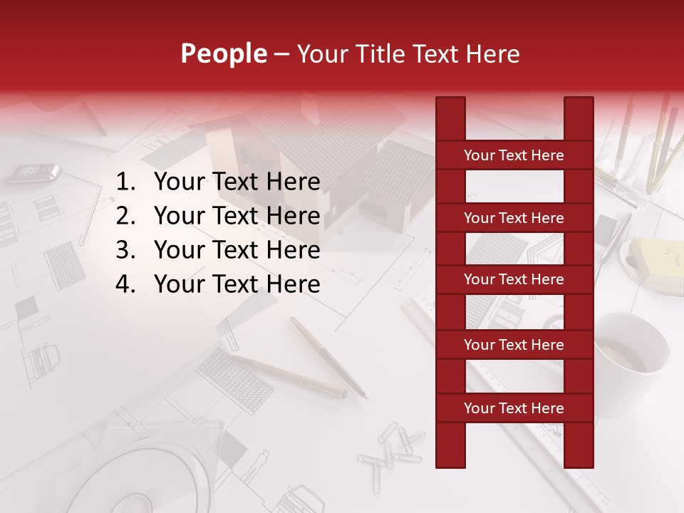 A House On Top Of A Blueprint With Pencils And A Cup Of Coffee PowerPoint Template