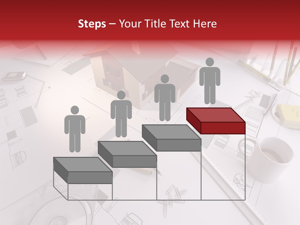 A House On Top Of A Blueprint With Pencils And A Cup Of Coffee PowerPoint Template