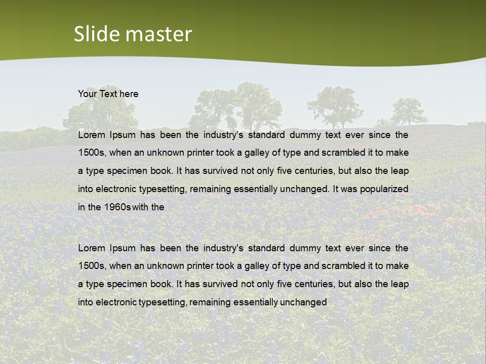 A Field Full Of Blue Flowers With Trees In The Background PowerPoint Template