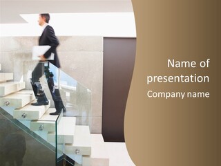 A Man In A Suit Is Walking Down A Set Of Stairs PowerPoint Template