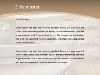 A Large Room With A Counter And Chairs PowerPoint Template