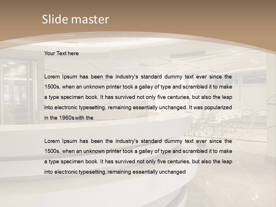 A Large Room With A Counter And Chairs PowerPoint Template