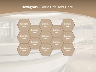 A Large Room With A Counter And Chairs PowerPoint Template