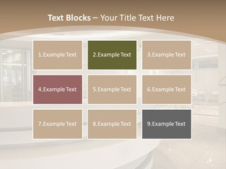 A Large Room With A Counter And Chairs PowerPoint Template