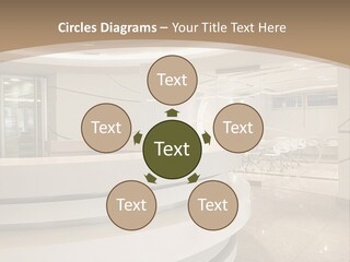A Large Room With A Counter And Chairs PowerPoint Template