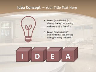 A Large Room With A Counter And Chairs PowerPoint Template