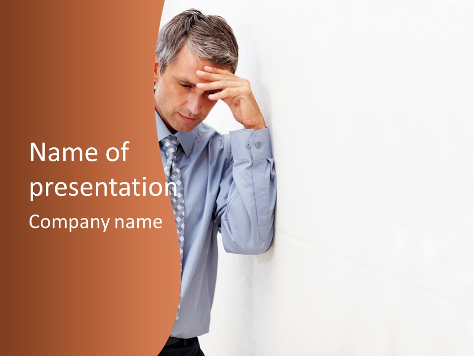 A Man Leaning Against A Wall With His Hand On His Head PowerPoint Template