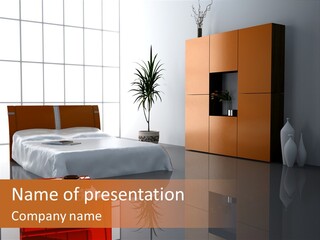 A Bedroom With A Bed And A Cabinet In It PowerPoint Template