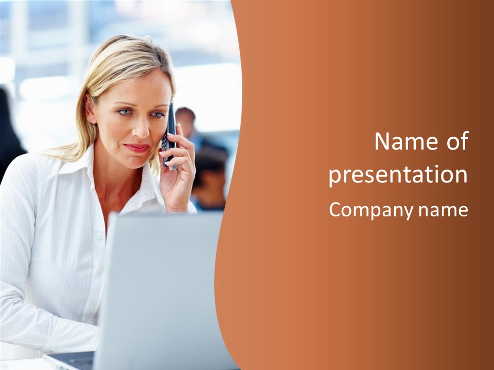 A Woman Talking On A Cell Phone In Front Of A Laptop PowerPoint Template