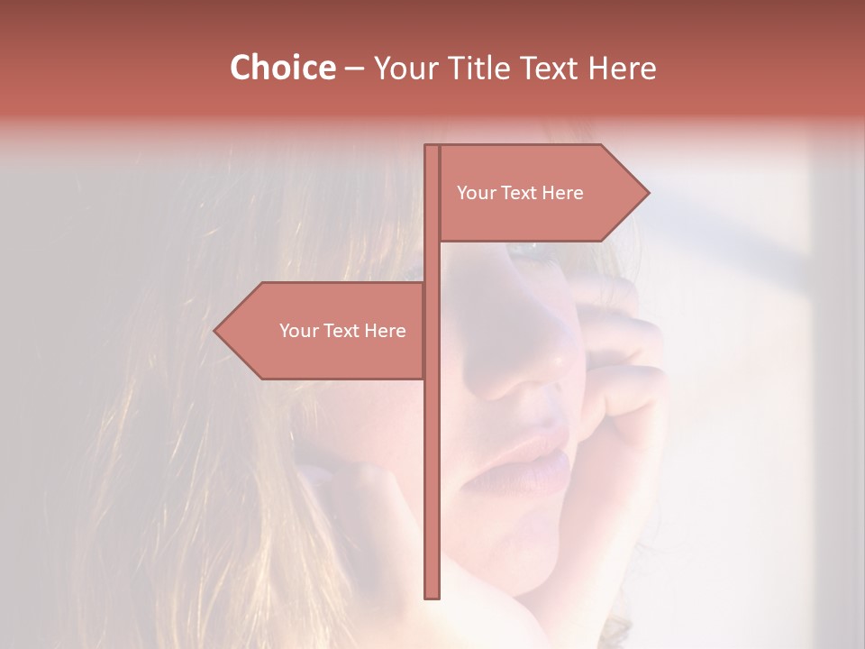 A Woman Looking Out Of A Window With Her Hand On Her Face PowerPoint Template