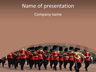 A Group Of Men In Red Uniforms Marching Down A Street PowerPoint Template