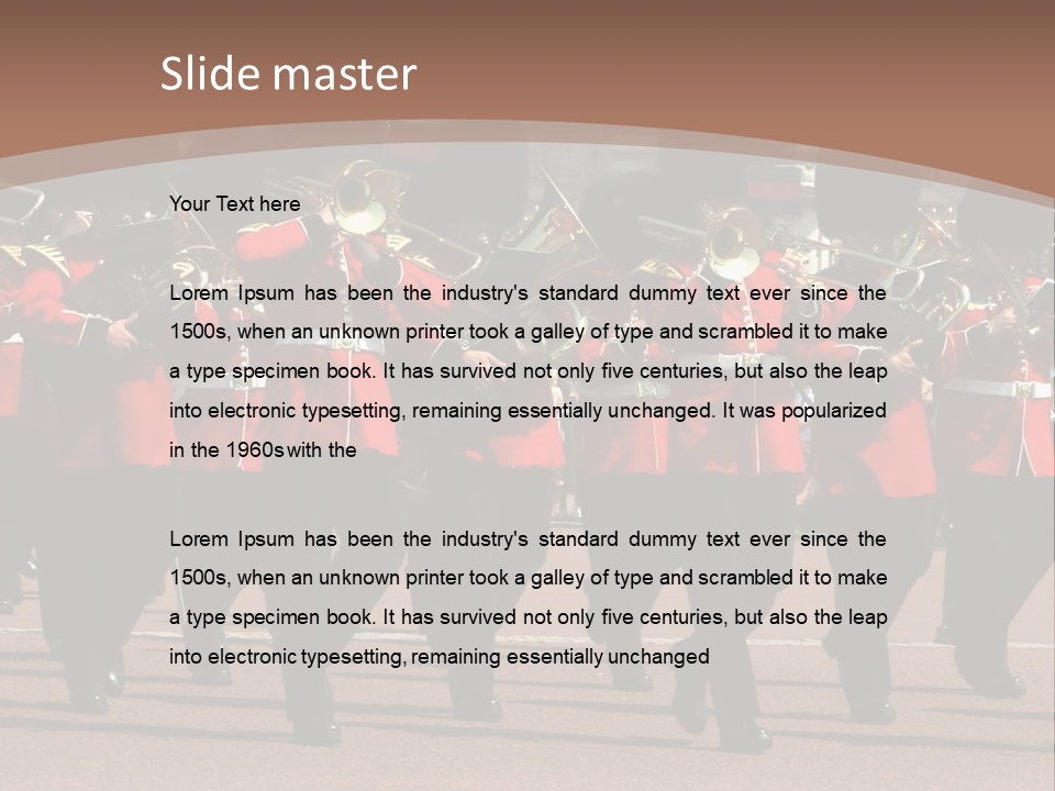 A Group Of Men In Red Uniforms Marching Down A Street PowerPoint Template