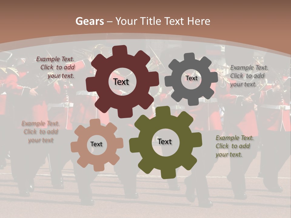 A Group Of Men In Red Uniforms Marching Down A Street PowerPoint Template