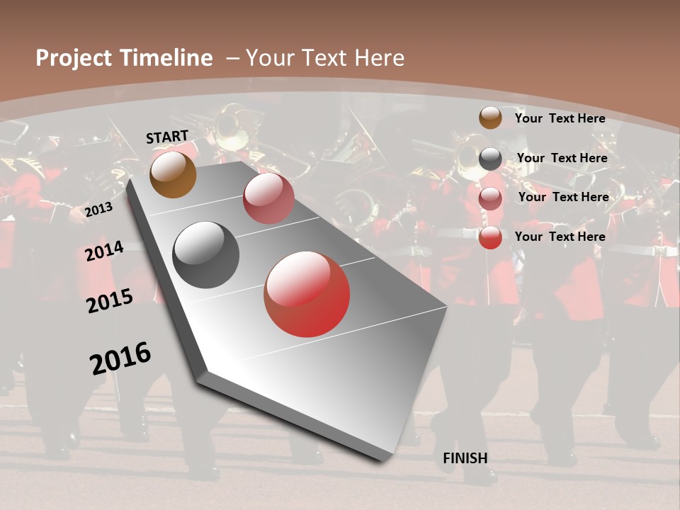 A Group Of Men In Red Uniforms Marching Down A Street PowerPoint Template