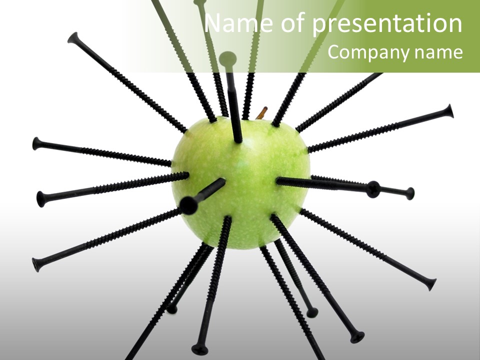 A Green Apple With Many Black Screws On It PowerPoint Template