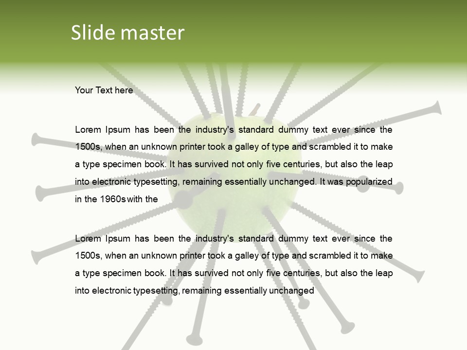 A Green Apple With Many Black Screws On It PowerPoint Template