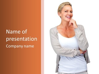 A Woman Standing With Her Hand On Her Chin PowerPoint Template