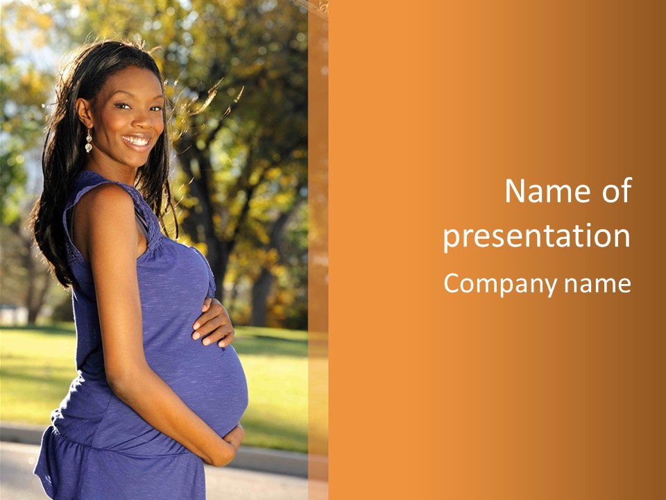 A Pregnant Woman In A Blue Dress Is Smiling PowerPoint Template