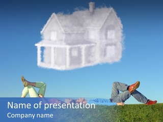 A Man And A Woman Laying On The Grass In Front Of A House PowerPoint Template