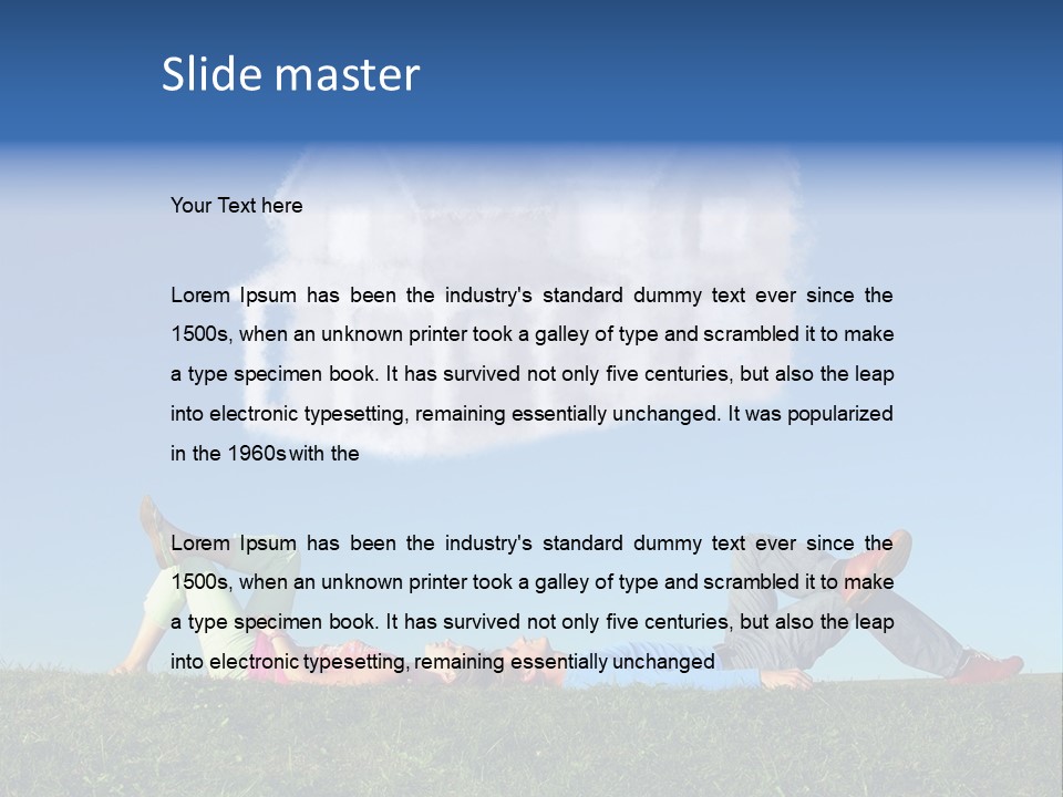 A Man And A Woman Laying On The Grass In Front Of A House PowerPoint Template