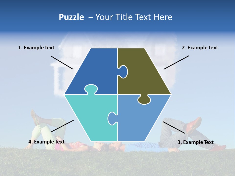 A Man And A Woman Laying On The Grass In Front Of A House PowerPoint Template