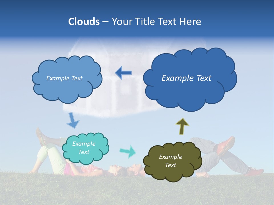 A Man And A Woman Laying On The Grass In Front Of A House PowerPoint Template
