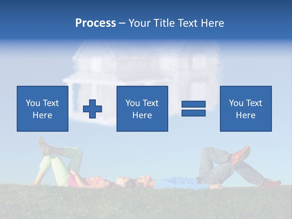 A Man And A Woman Laying On The Grass In Front Of A House PowerPoint Template