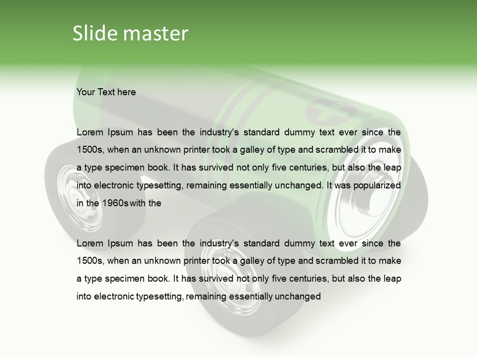 A Green Battery On Wheels With A White Background PowerPoint Template