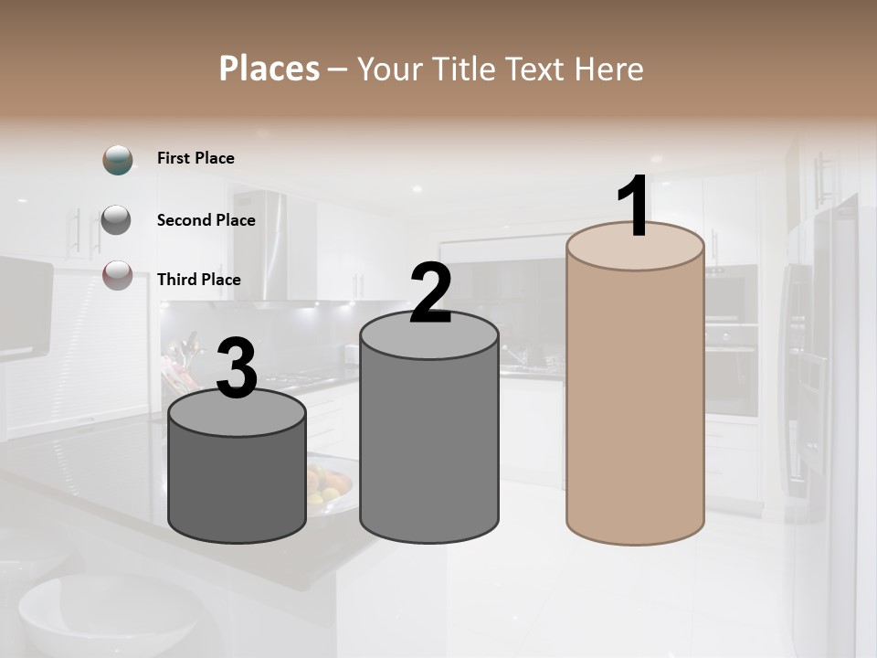 A Kitchen With A Black Counter Top And White Cabinets PowerPoint Template