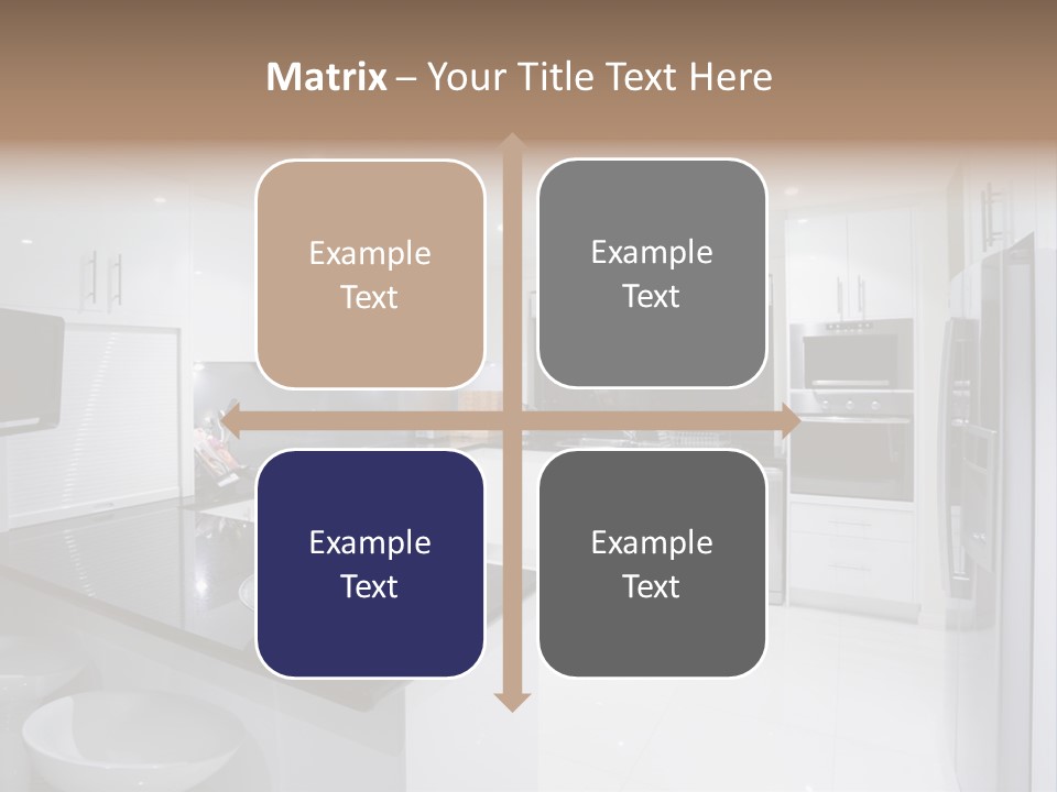 A Kitchen With A Black Counter Top And White Cabinets PowerPoint Template