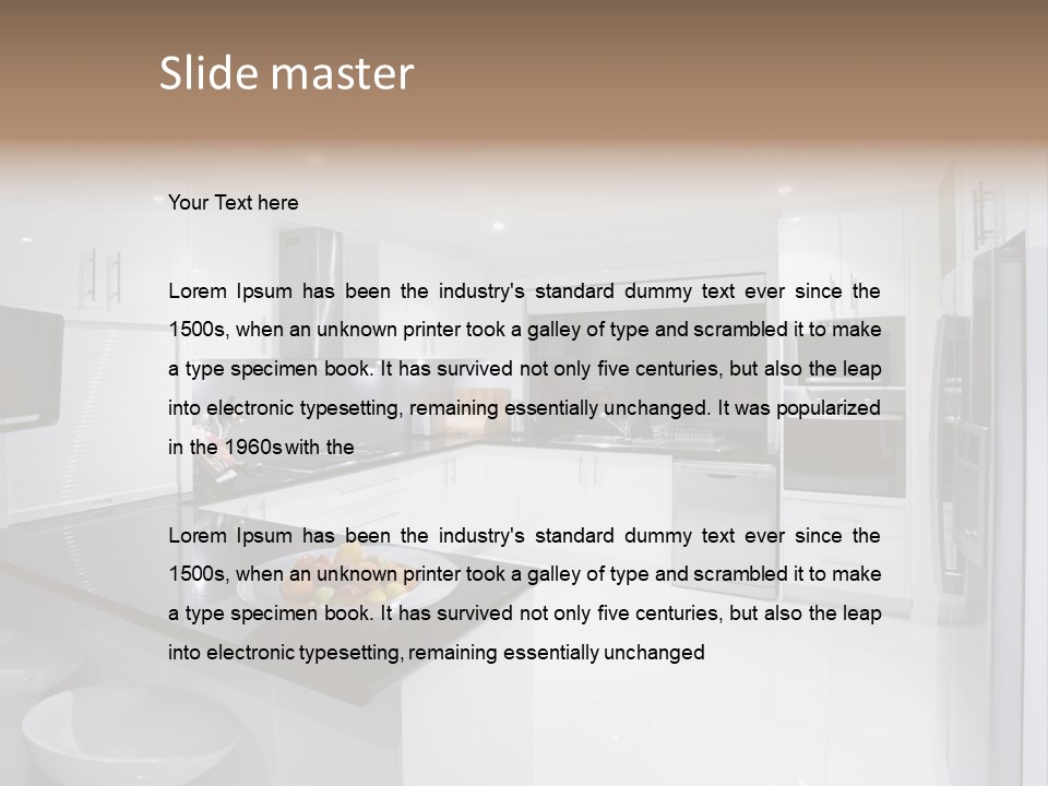 A Kitchen With A Black Counter Top And White Cabinets PowerPoint Template