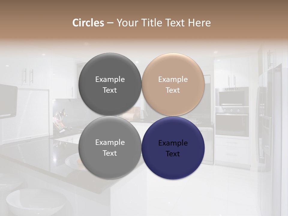 A Kitchen With A Black Counter Top And White Cabinets PowerPoint Template