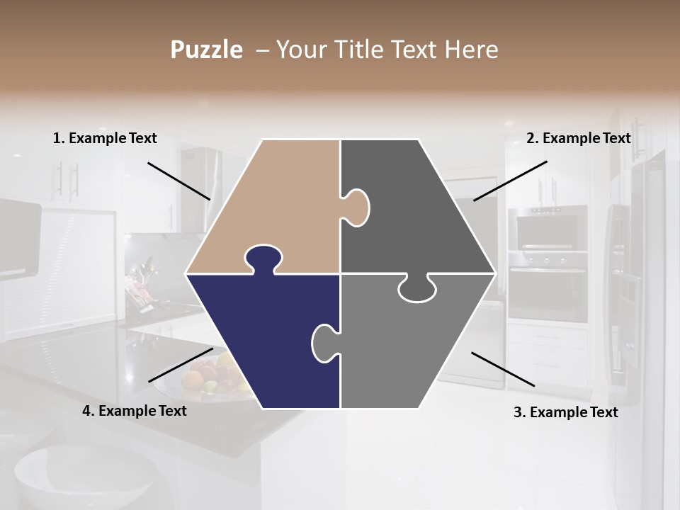 A Kitchen With A Black Counter Top And White Cabinets PowerPoint Template